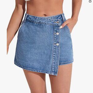 Women's High Waisted Button Front Denim Skort Asymmetrical Hem Skirt Shorts